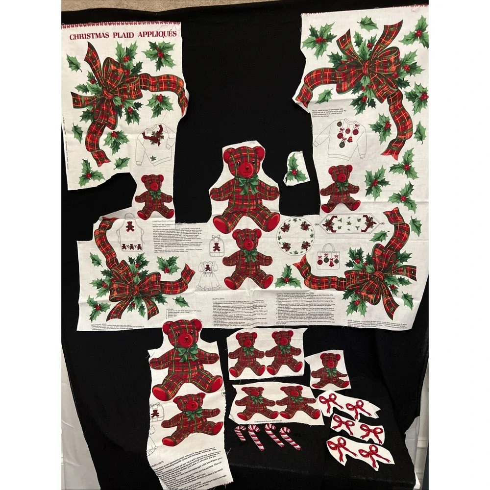 Vintage Christmas Red Plaid Teddy Bear Bows Applique Fabric Panel Cranston